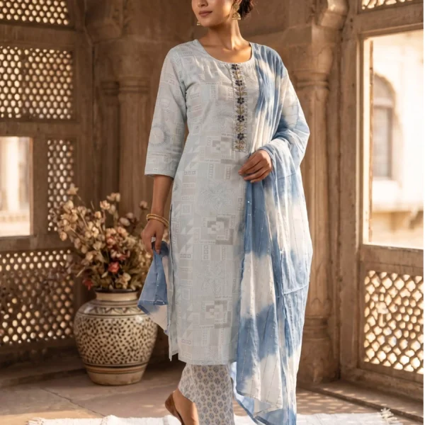 Indraani Sky Serenity Printed Kurta Pant Set with Tie-Dye Dupatta