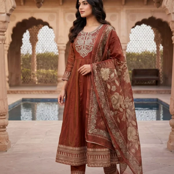 Indraani Rust Royale Embroidered Suit Set