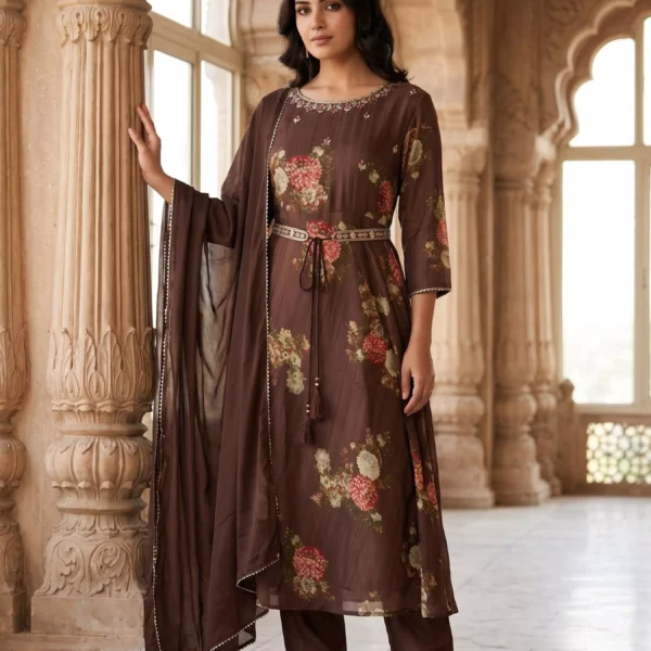 Indrani Mocha Bloom Straight Suit Set