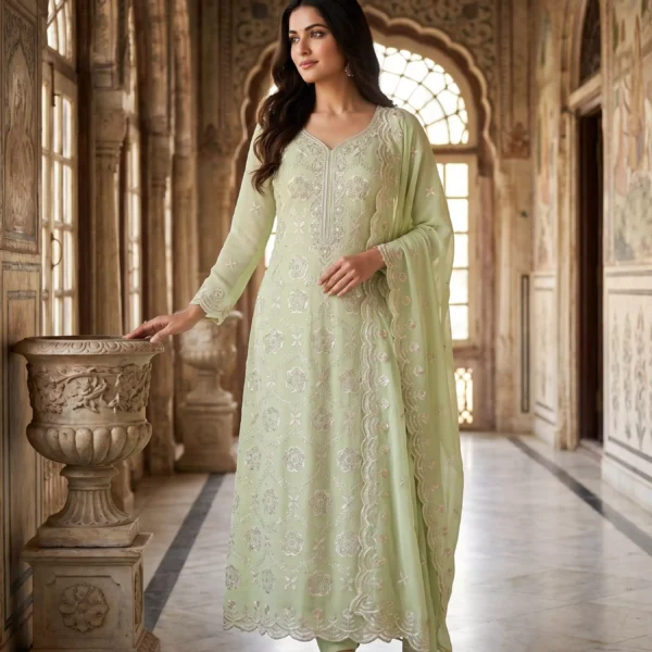 Indrani Pista Noor Embroidered unstiched Suit Set