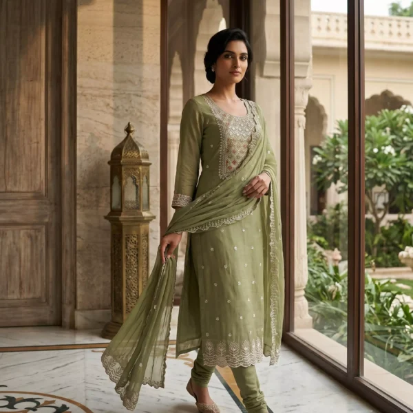 Indrani Olive Meher Embroidered Suit Set