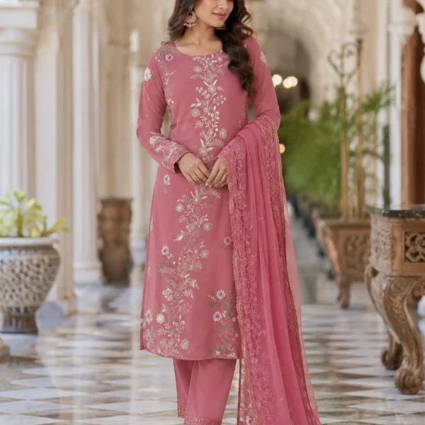 Indrani Gulnaar Pink Embroidered Unstiched Suit Set