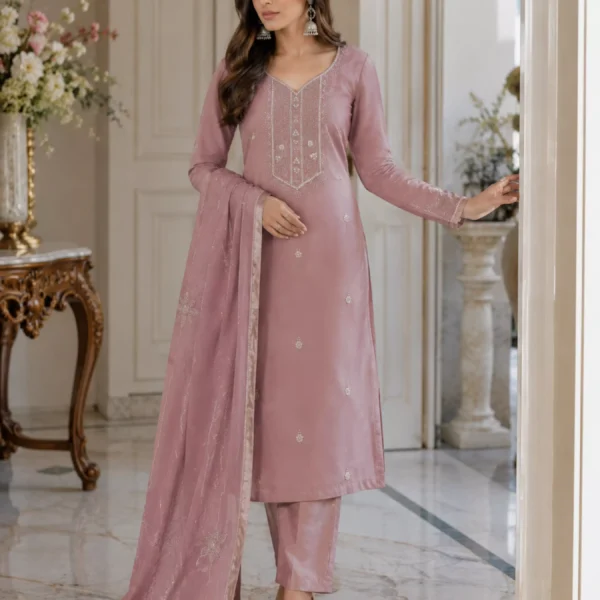 Indrani Rosé Mist Embroidered Unstiched Suit Set