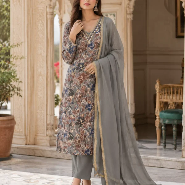 Indrani Smoky Blossom Printed Unstiched Suit Set