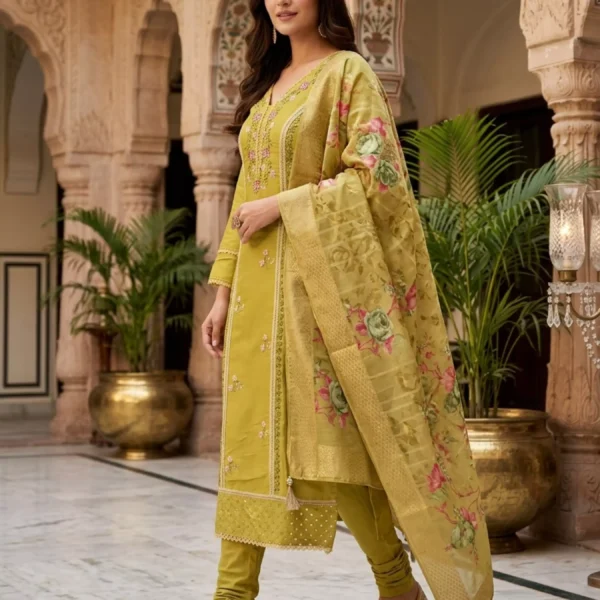 Indraani Olive Bloom Embroidered Kurta Pant Set with Floral Dupatta