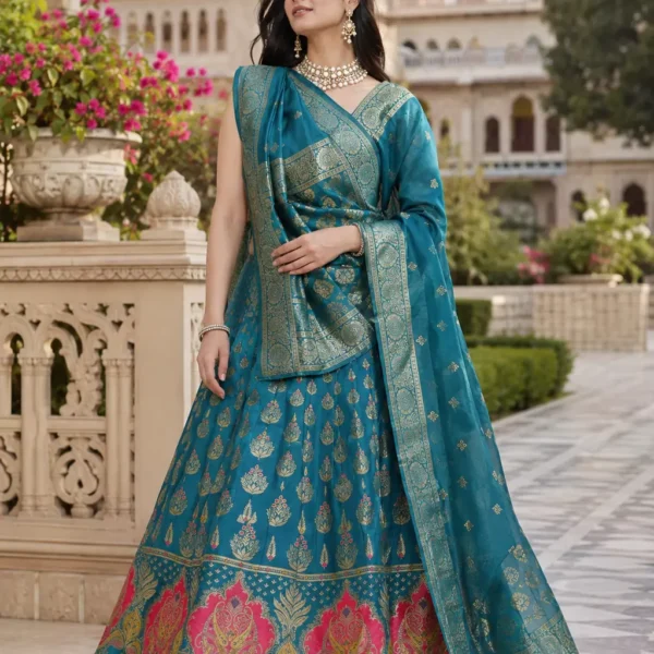 Indraani Peacock Blue Banarasi Lehenga Set