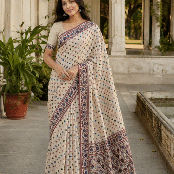 Indraani Ivory Heritage Printed Cotton Saree with Traditional Pallu