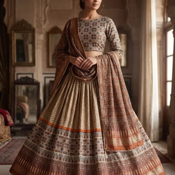 Indraani Royal Mocha Heritage Printed Lehenga Set