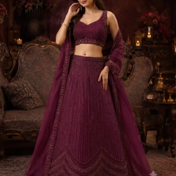 Wine Burgundy Georgette Lehenga Choli with Vertical Sequin Stripes and Sheer Dupatta