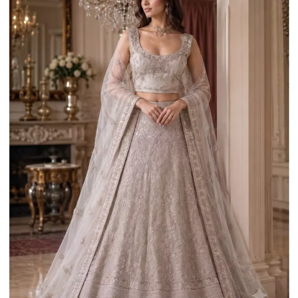 Champagne Mauve Heavy Embroidered Net Lehenga Choli with Zardosi and Sequin Accents