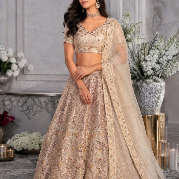 Indraani Champagne Radiance Embroidered Bridal Lehenga Set