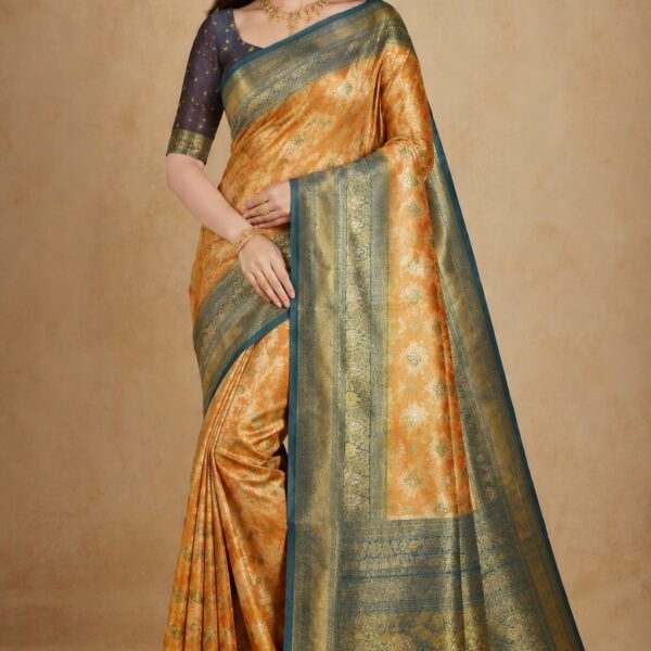 Mustard Gold Silk Blend Saree with Contrast Teal Zari Border and Pallu