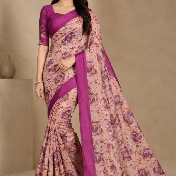 Peach and Magenta Floral Printed Silk Blend Saree with Contrast Border