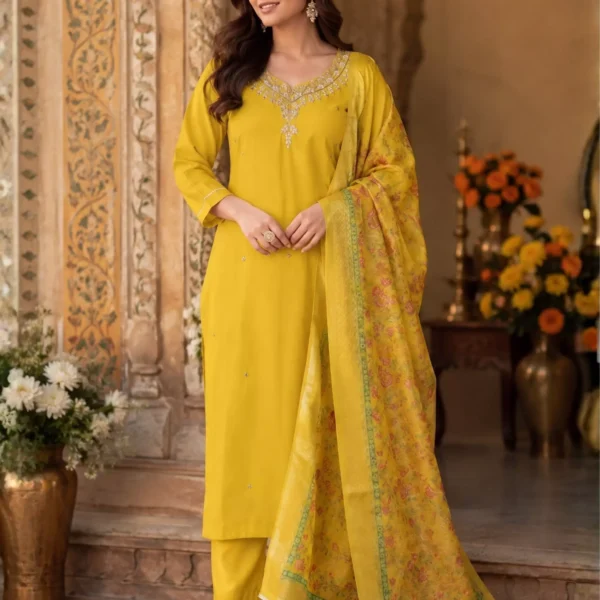 Mustard Yellow Silk Straight Kurta Set with Embroidered V-Neckline and Floral Chanderi Dupatta