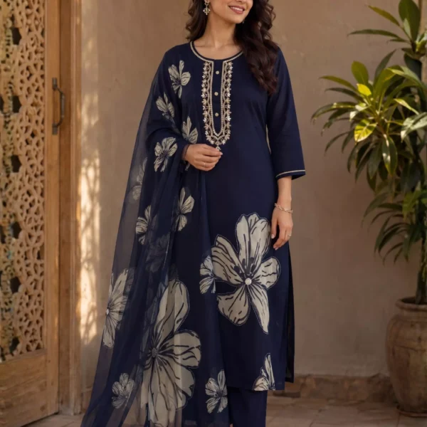 Navy Blue Straight Kurta Set with Heavy Hand Embroidered Neckline and Bold Floral Dupatta
