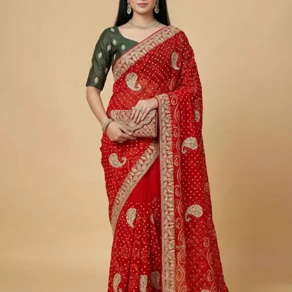 Royal Red Bandhani Embroidered Saree with Olive Green Blouse
