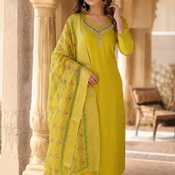 Mustard Yellow Embroidered Kurta Set with Floral Printed Dupatta