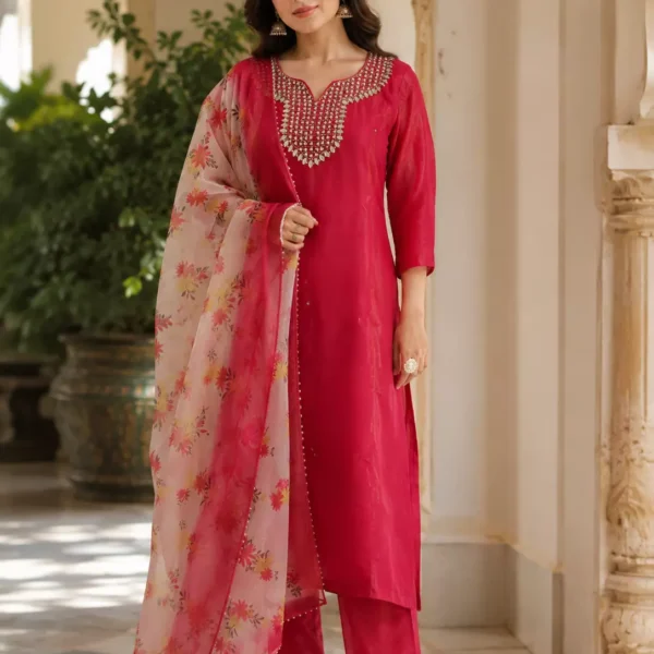 Rani Pink Embroidered Kurta Pant Set with Floral Organza Dupatta for Women