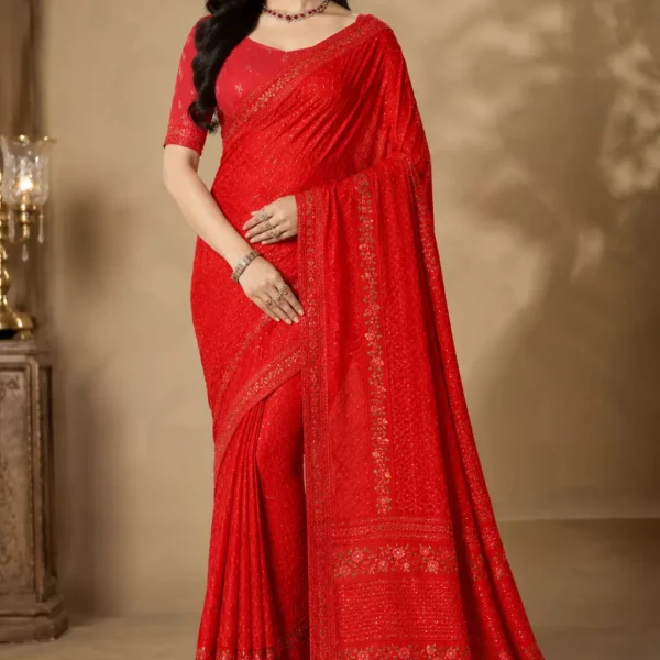 Red Georgette Saree with Sequin Work & Floral Border