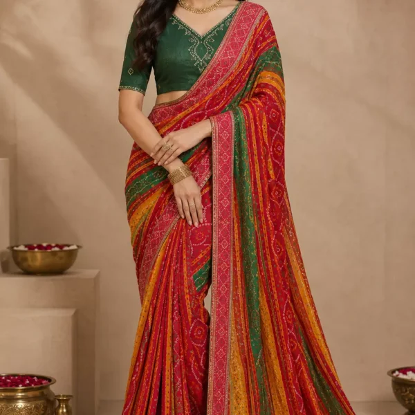 Rangriti Multicolor Bandhani Silk Saree with Green Blouse