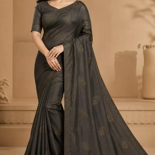 Midnight Grey Silk Saree with Antique Gold Motifs