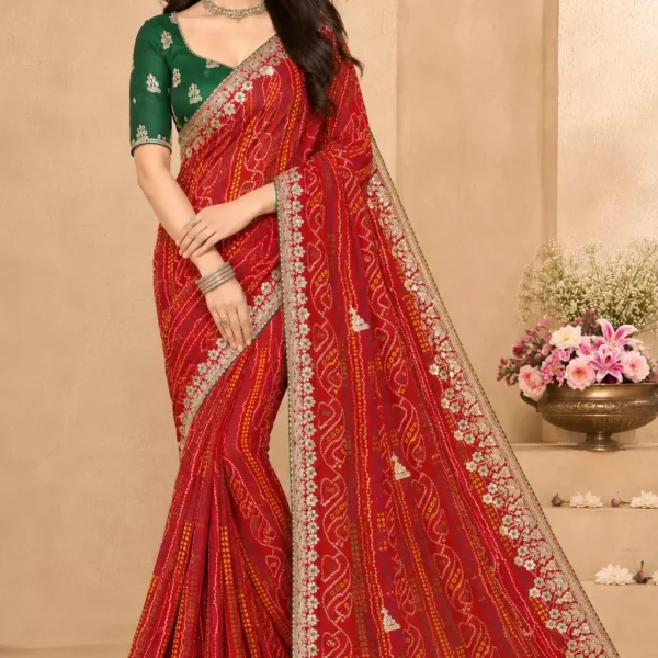 Rajasthani Crimson Bandhani Elegance Saree