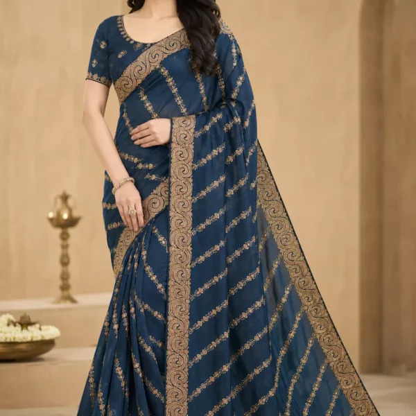 Navy Blue Silk Saree with Golden Zari Diagonal Stripe Embroidery