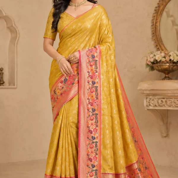 Mustard Yellow Banarasi Silk Saree with Floral Paithani Border