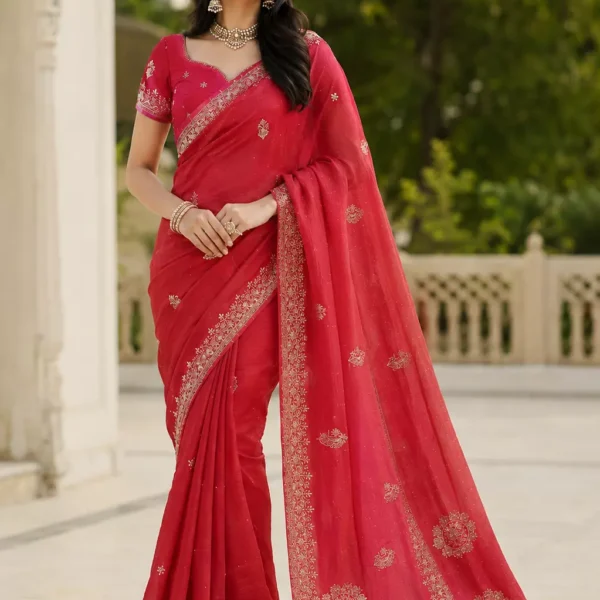 Red Georgette Saree with Golden Zari Booti & Medallion Embroidery