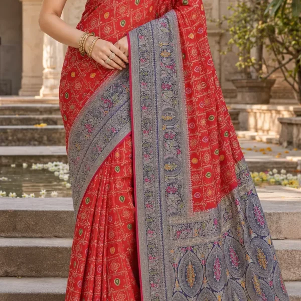 Crimson Red Patola Silk Saree with Floral Woven Border