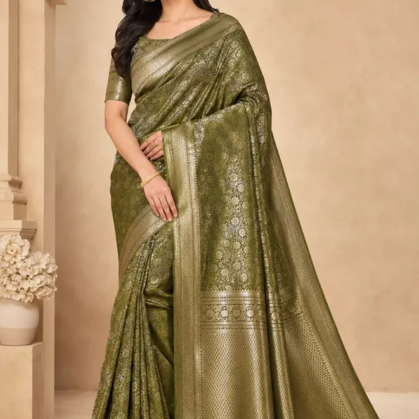 Olive Green Banarasi Silk Saree with Intricate Zari Weaving