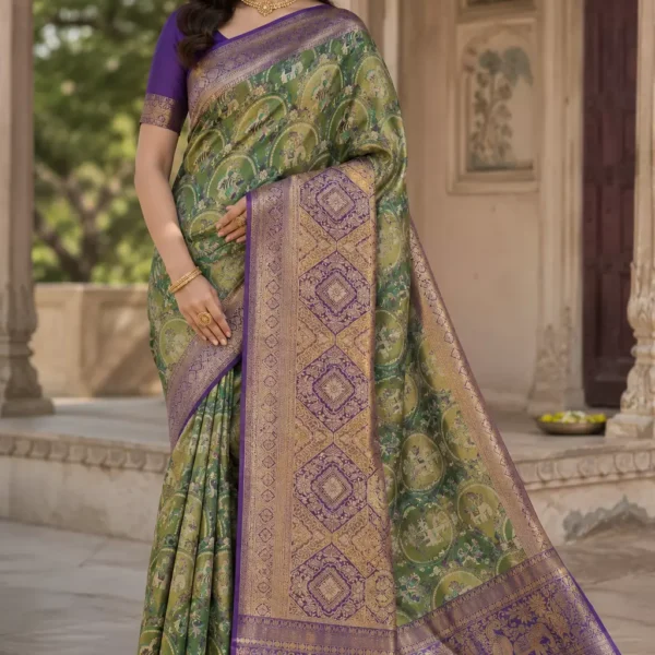 Indraani Olive Green Heritage Banarasi Silk Saree with Royal Purple Zari Pallu