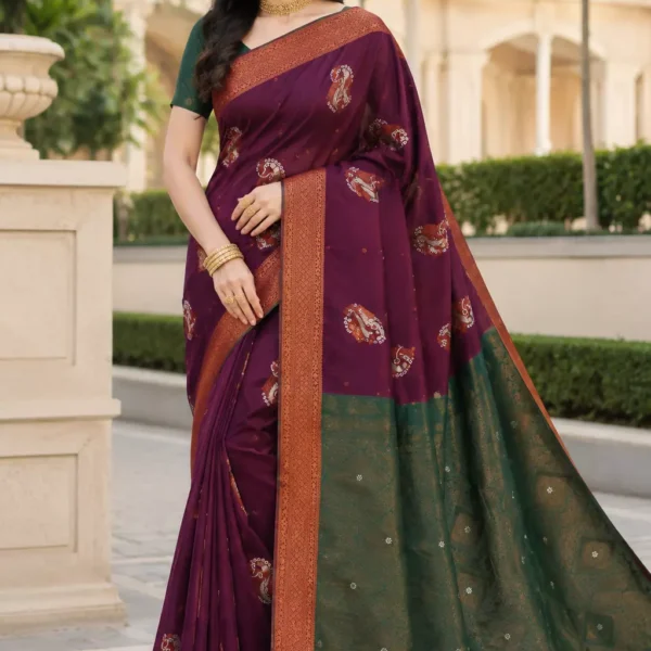 Royal Plum Kanjivaram Silk Saree with Emerald Green Pallu