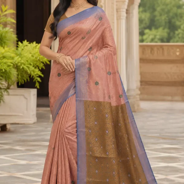 Rose Pink Banarasi Silk Saree with Lavender Border & Woven Pallu