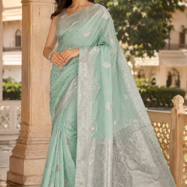 Indraani Aqua Mint Banarasi Silk Saree with Silver Zari Woven Pallu