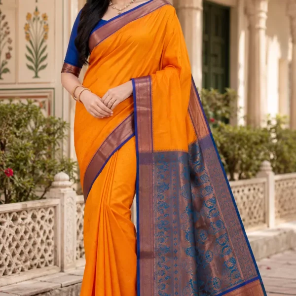 ndraani Mustard Orange Banarasi Silk Saree with Royal Blue Zari Border