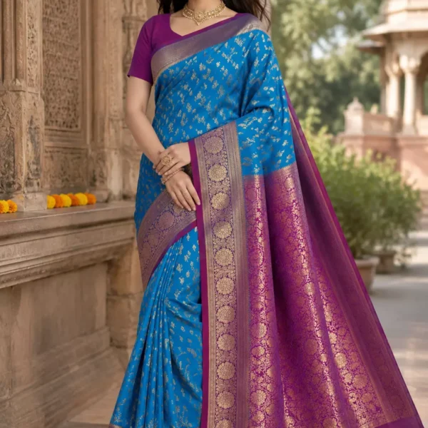 Indraani Royal Blue & Magenta Banarasi Silk Saree with Grand Zari Woven Pallu