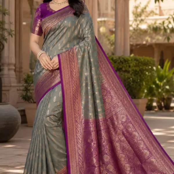 Indraani Grey & Magenta Banarasi Silk Saree with Rich Zari Woven Pallu
