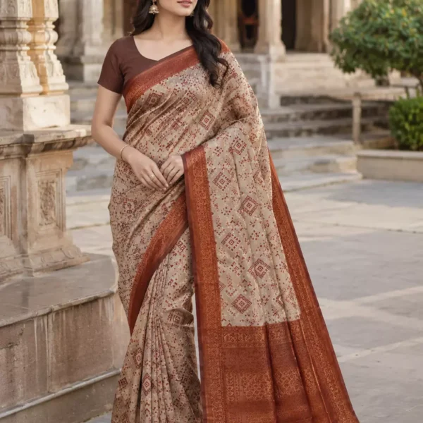 Indraani Beige & Rust Brown Banarasi Style Woven Saree with Rich Zari Border