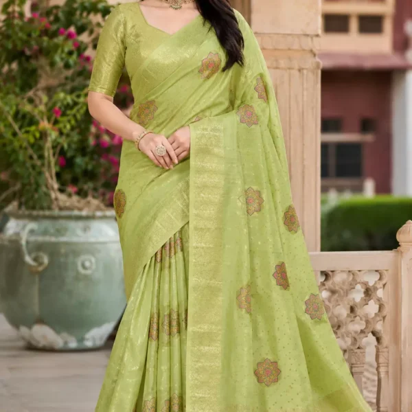 Indraani Pistachio Green Zari Woven Saree with Floral Butti Design