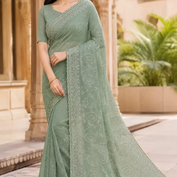 Indraani Sage Green Embroidered Designer Saree with Delicate Thread Work