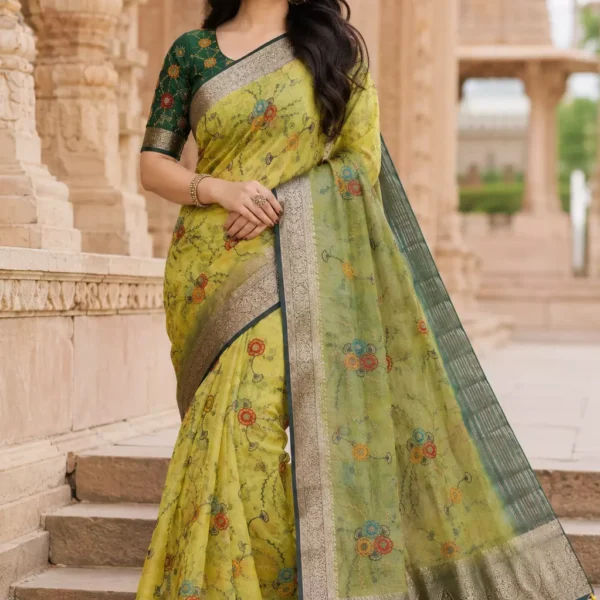 Indraani Lime Green Floral Woven Traditional Saree With Rich Zari Border