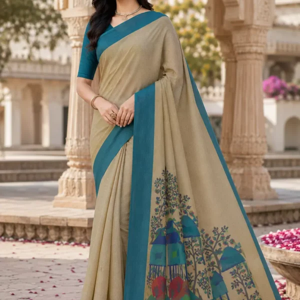Indrani Ivory & Teal Heritage Print Saree