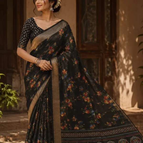 Midnight Blossom Floral Saree