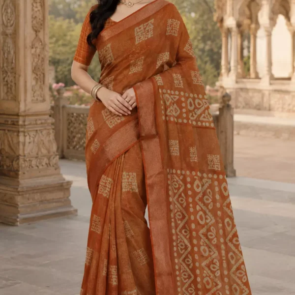 Classic Ochre & Cream Geometric Print Saree