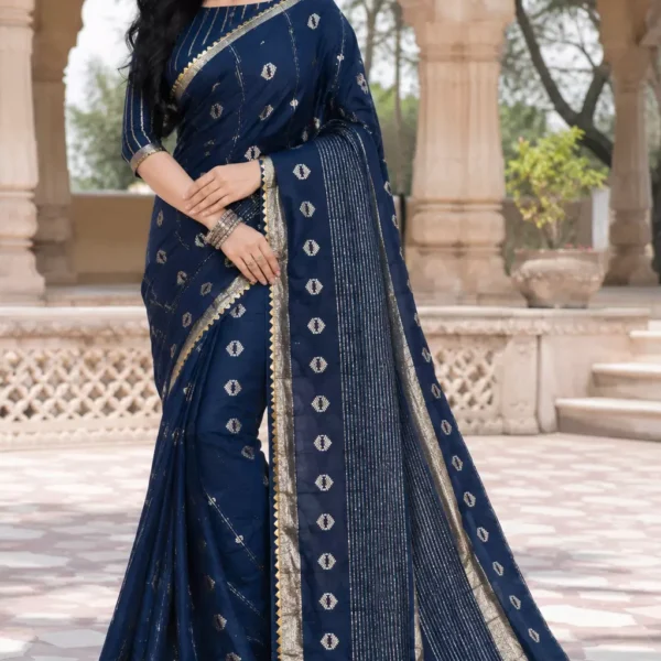 Navy Blue Silk Saree with Golden Zari Booti & Zigzag Border