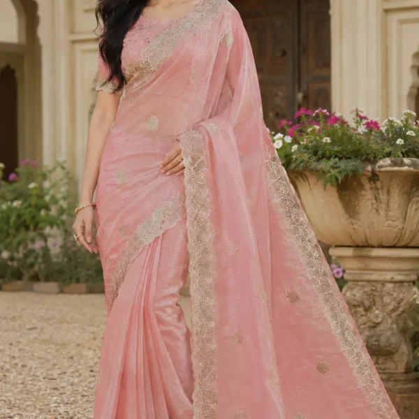 Baby Pink Silk Saree with Golden Booti Embroidery & Scalloped Lace Border