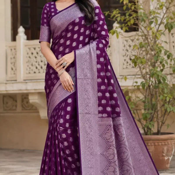 Purple Banarasi Silk Saree with Silver Zari Weaving & Paisley Pallu