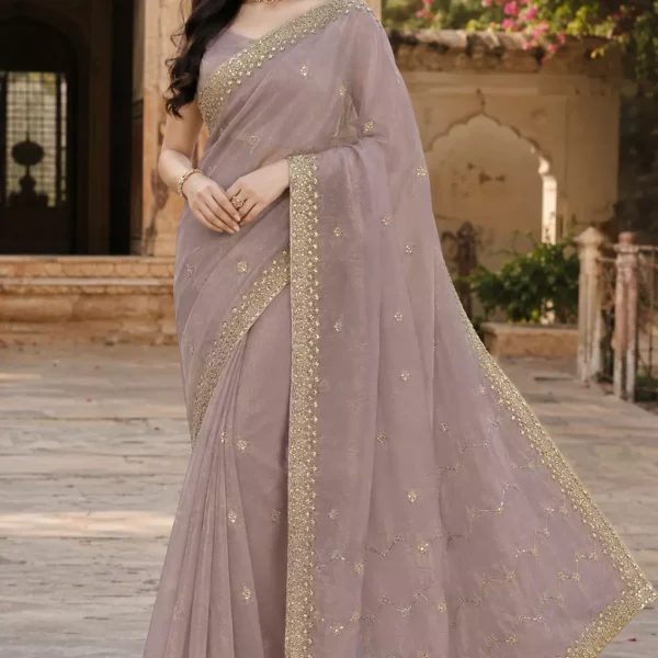 Mauve Organza Saree with Golden Sequin Booti & Zigzag Border