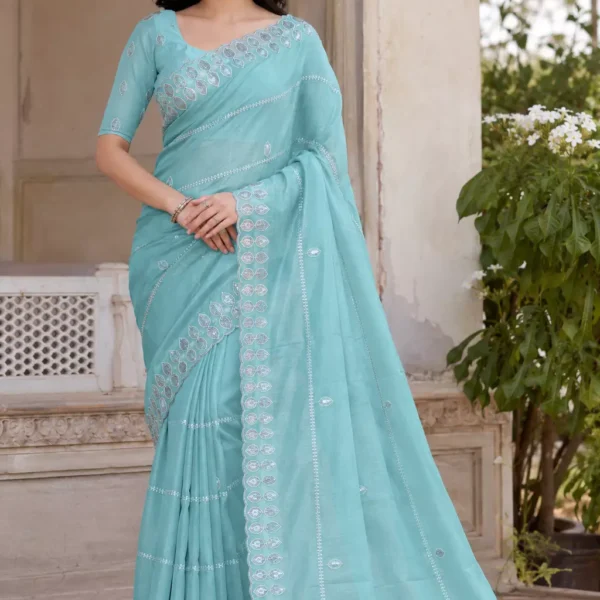 Sky Blue Silk Saree with Silver Leaf Motif Embroidery & Scalloped Border